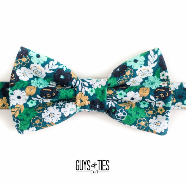 hunter green and gold tiny floral bow tie, mens and kids emerald bow ties, jewel tone mini flower wedding grooms bowties, pre tied, self tie