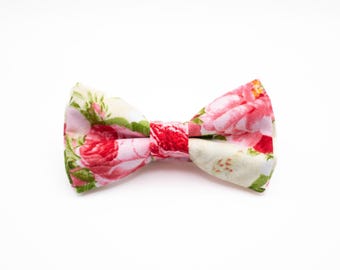 red peony kids bow tie, garden floral bowtie, boys ivory pink bowtie, spring ring bearer bowtie, large flower peonies print, baby toddler