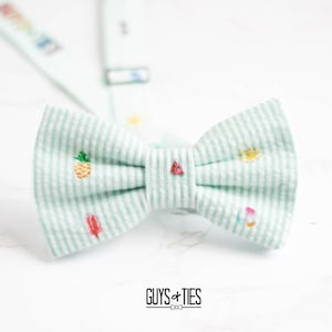 spring seersucker bow tie, summer novelty bowtie, mint white striped bowtie, mens kids pretied bowties, popsicle watermelon pineapple preppy