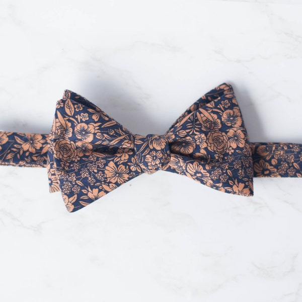 navy copper floral bow tie, mens self tie flower bowtie, dark blue bow ties, tiny floral traditional bowtie, brown wedding bow tie for groom