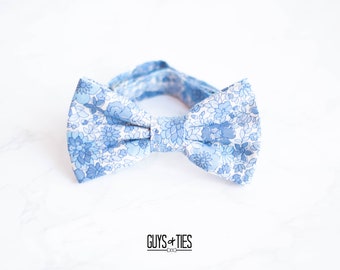 blue ditzy floral bow tie, tiny flower bow ties for men, boys dusty blue bowties, groom bow ties, father son bowties, self tie and pre tied