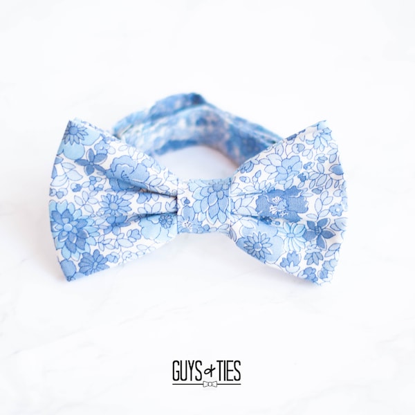 blue ditzy floral bow tie, tiny flower bow ties for men, boys dusty blue bowties, groom bow ties, father son bowties, self tie and pre tied