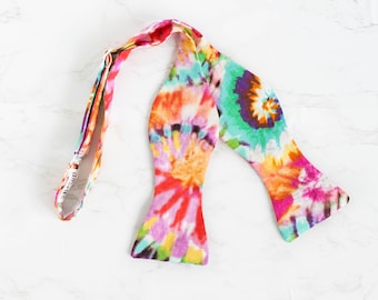 tie dye self tie bow tie, rainbow bow ties for men, colorful died bowtie, fun retro bowties, hippie 90s vibe bow tie, unique wedding bowties