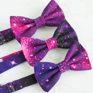 purple galaxy bow tie, cosmic bow ties, pre tied, self tie, space bowtie, magenta bow tie, fun bow tie, NASA bowties, geek bow tie for kids