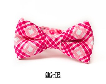 red and pink plaid bow tie, mens textured bow tie, boys pink bow ties, father son bow ties, bold wedding bow ties for groomsmen, dog bow tie