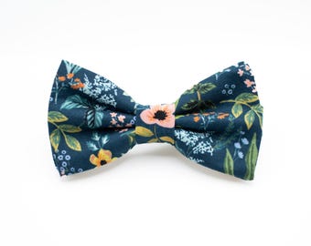 woodland floral bow tie, navy blue wildflower bow tie, pretied self tie, dark floral bow tie, mens bowties, kids boy toddler, wedding bowtie