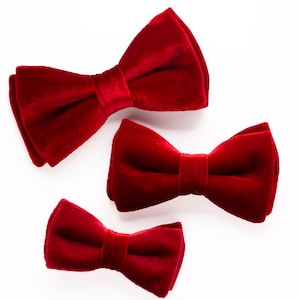 May include: Three red velvet bow ties of different sizes. The bow ties are arranged in a row from largest to smallest.