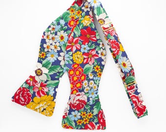 garden floral bow tie, dark blue floral bow ties, self tie bowtie for men, wedding bow tie, blue red yellow bow ties, country floral bow tie