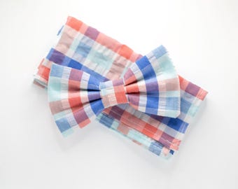 spring seersucker bow tie, white blue pink plaid bow ties, matching father son bowties, daddy and me ties, spring bow tie, bow ties for kids