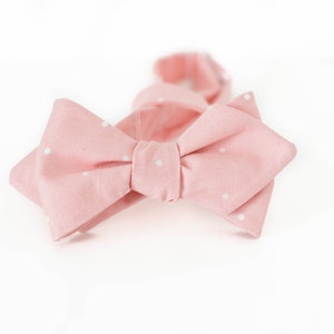 self tie bow ties for men, blush pink bow tie, mini white dots bowtie, polka dot bow tie, diamond point bow tie, blush bowties, pink bow tie