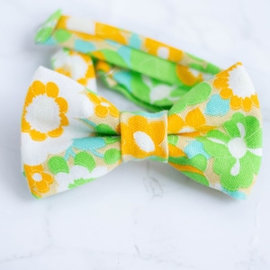May include: A green, yellow, and white bow tie with a floral pattern.
