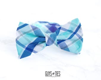 aqua and royal blue plaid bow tie, bright spring bowties, preppy bow ties for men, boys plaid bow ties, self tie pre tied, kids blue bow tie