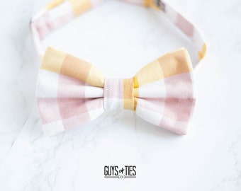 blush and yellow plaid bow tie, pastel checkered bow ties, spring bowties for men, minimalist bow ties, mustard bowtie, bow ties for kids