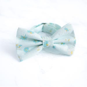 May include: A light blue bow tie with a floral pattern. The bow tie has small blue flowers with yellow centers on a light blue background.