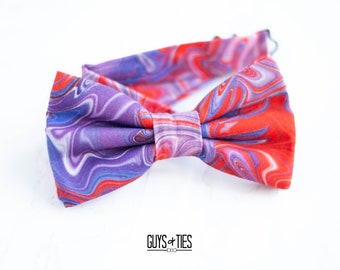 red and purple artsy swirl design bow tie, artistic bow ties for men, kids unique bowtie, dog bow tie, self tie pretied, school dance bowtie