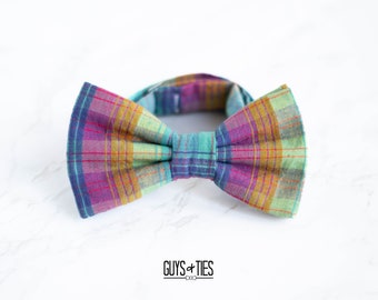 spring colorful plaid bow tie, preppy bow ties for men, fun checkered kids bowtie, boys multicolor bowties, pre tied self tie, pocket square