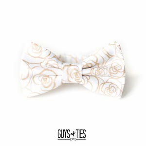gold rose bow tie, gold bow ties for men, white floral bowtie, metallic flower bow tie, wedding bow ties for groom, daddy mini matching ties