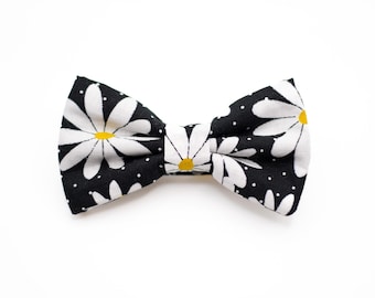 black and white daisy bow tie, mens floral bow ties, big flower bow ties, pre tied daisies bowtie, white polka dots bowties, gift for him