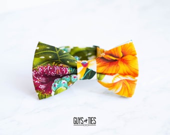 ivory tropical floral bow tie, green orange mens bowtie, hibiscus self tie bow ties, Hawaiian bow tie, beach bow ties, destination wedding