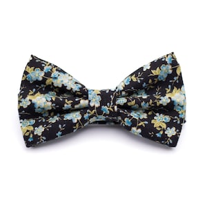black antique floral bow tie, tiny light blue and gold flowers bowtie, mens bow ties, wedding bow ties, groom ring bearer, pre tied self tie