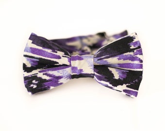 purple and black aztec bow tie, tribal print bow ties for men, southwestern wedding bow tie, self tie pre tied, kids fun geometric bow tie