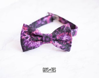 purple and black tie dye bow tie, unique bow ties for men, colorful hippie bowties, artsy bow tie, funky professor bowtie, pre tied self tie