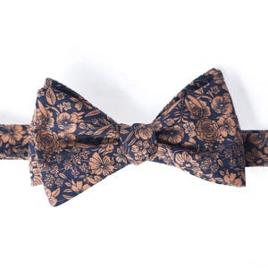 navy copper floral bow tie, mens self tie flower bowtie, dark blue bow ties, tiny floral traditional bowtie, brown wedding bow tie for groom