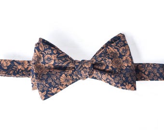navy copper floral bow tie, mens self tie flower bowtie, dark blue bow ties, tiny floral traditional bowtie, brown wedding bow tie for groom