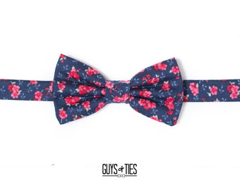 navy and coral pink mini floral bow tie, dark blue tiny flower bow ties, dainty floral wedding bow tie, self tie pre tied, boys navy bow tie
