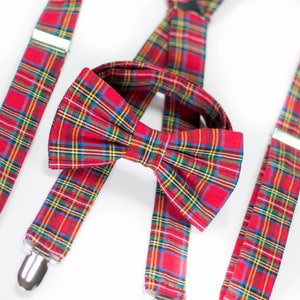 red tartan plaid bow tie and suspender set, Christmas bow ties, mens holiday plaid bow ties, boys plaid suspenders, kids madras bowtie image 9