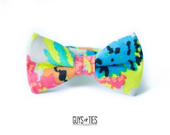 bright floral bow tie, artsy big floral bow ties, neon bow ties for men, colorful pre tied self tie linen bowtie, fun matching pocket square