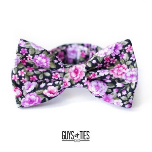 black magenta purple mini floral bow tie, wildflower bow ties, garden print wedding bow tie for groomsmen, tiny flower boys toddler bow ties