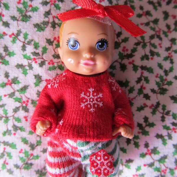 Baby Doll Girl Christmas Outfit Snowflakes, Red & Green Stripes - Fits Barbie Skipper New Babysitters Inc Doll - NO DOLL