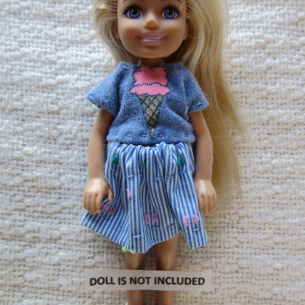 Barbie Chelsea Clothes Outfit - Top Blue w/Ice Cream Cone; Blue & Striped White Striped Skirt ; Hand-Sewn - NO DOLL, No Shoes