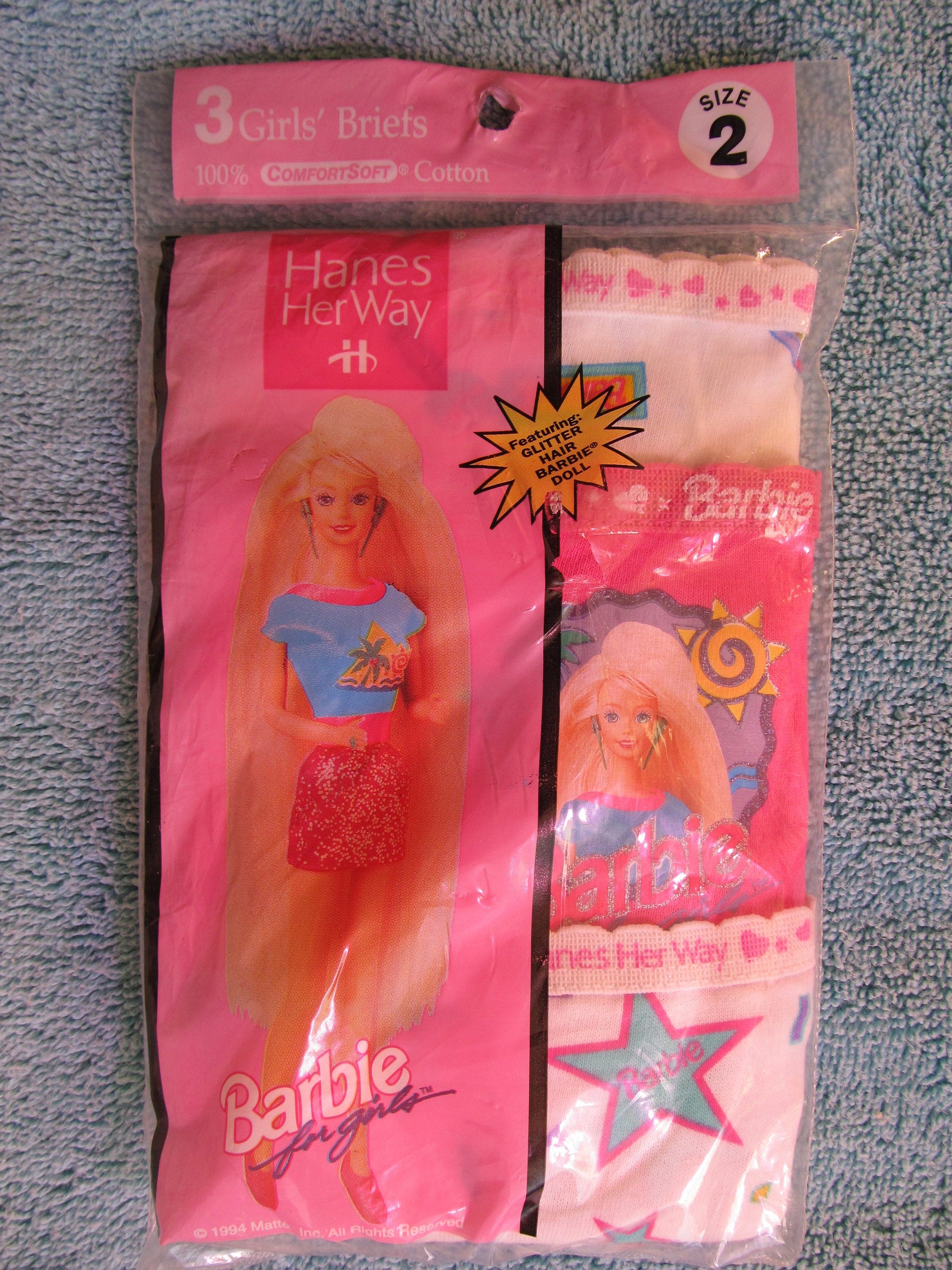 Hanes Her Way Barbie For Girls Briefs - Size 2 - New in Package of 3  Featuring Glitter Hair Barbie Doll