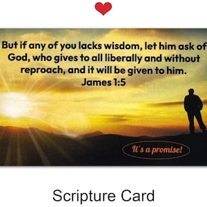 May include: Scripture card featuring a sunset scene with a silhouette of a person. The card includes the text "But if any of you lacks wisdom, let him ask of God..." from James 1:5. The card measures 3.5 x 2 inches.