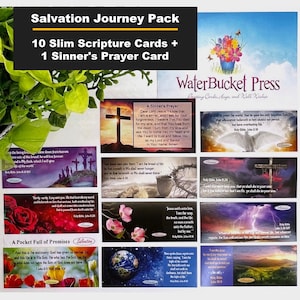 May include: A set of 10 slim scripture cards and one sinner's prayer card. The cards feature colorful images and inspirational quotes from the Bible. The cards are designed to be used for personal reflection or to share with others.