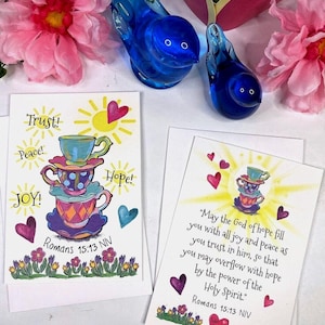 Bible Verse Scripture Cards Romans 15:13, Encouragement, Hope, Peace, Trust, Joy! Tea Cups & Hearts!