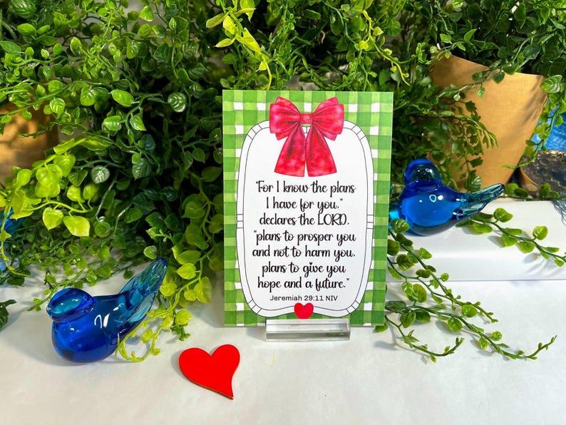 K&ouml;nnte beinhalten: Eine rechteckige Karte mit gr&uuml;n-wei&szlig; kariertem Hintergrund, einer roten Schleife oben und einem kleinen roten Herz unten. Der Text lautet: For I know the plans I have for you, declares the LORD, plans to prosper you and not to harm you, plans to give you hope and a future. Jeremiah 29:11 NIV.