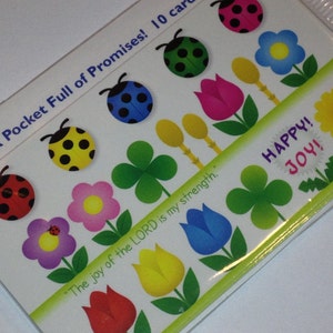 May include: A set of 10 cards with colorful ladybugs, flowers, and shamrocks. The cards feature the phrase "A Pocket Full of Promises!" and the quote "The joy of the LORD is my strength."