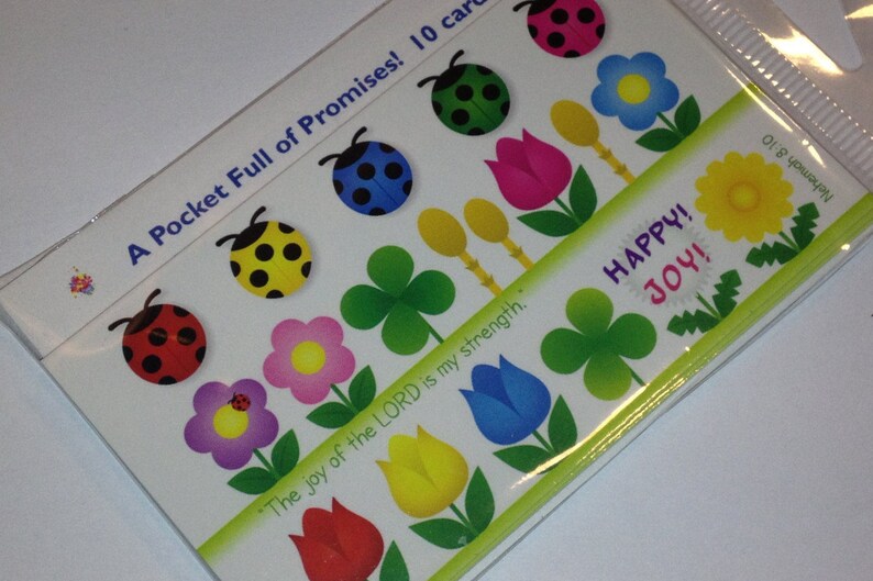 May include: A set of 10 cards with colorful ladybugs, flowers, and shamrocks. The cards feature the phrase "A Pocket Full of Promises!" and the quote "The joy of the LORD is my strength."