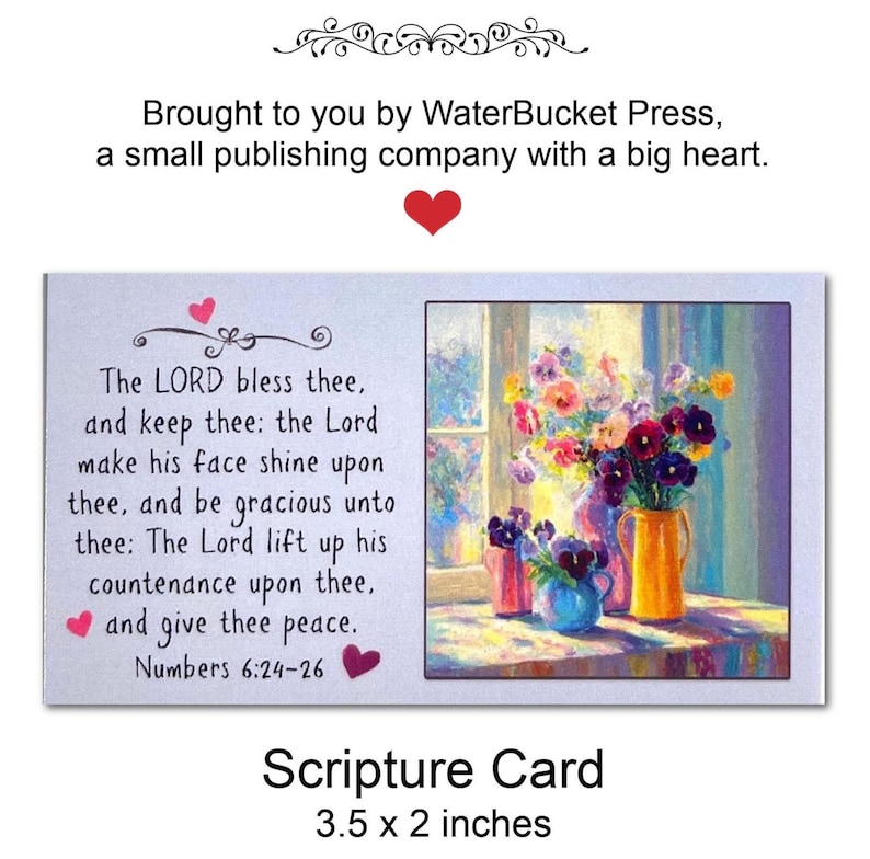 May include: A scripture card featuring a colorful floral painting and a Bible verse from Numbers 6:24-26. The card is 3.5 x 2 inches and includes the text "The LORD bless thee...and give thee peace."