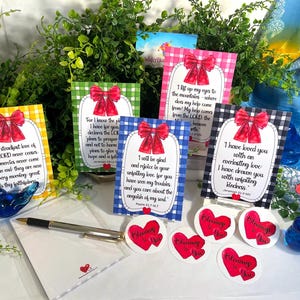 K&ouml;nnte beinhalten: Eine Sammlung von f&uuml;nf rechteckigen Karten mit Vichy-Karomustern in Gelb, Gr&uuml;n, Pink, Blau und Schwarz, jeweils mit einer roten Schleife verziert und mit religi&ouml;sen Texten bedruckt. Enth&auml;lt einen silbernen Stift und herzf&ouml;rmige Aufkleber.