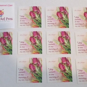 Scripture Stickers, Pink Tulips, Joy cometh in the morning... Psalm 30:5 Holy Bible, Square 2 x 2 image 2