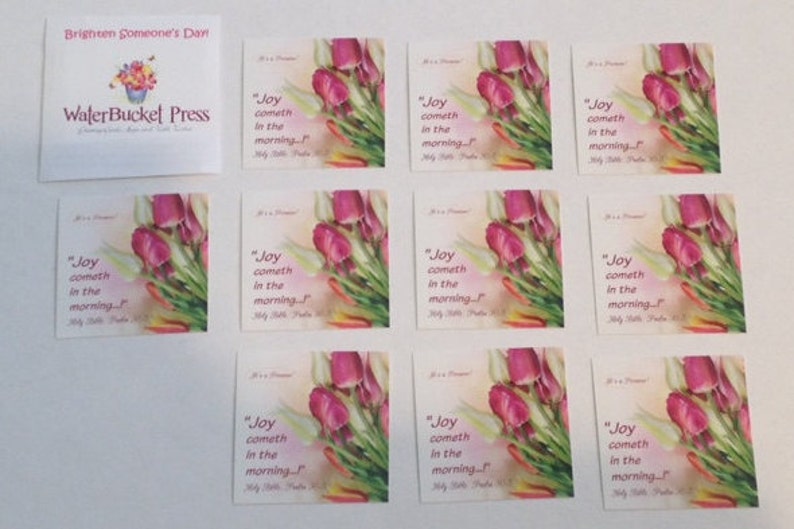 Scripture Stickers, Pink Tulips, Joy cometh in the morning... Psalm 30:5 Holy Bible, Square 2 x 2 image 2