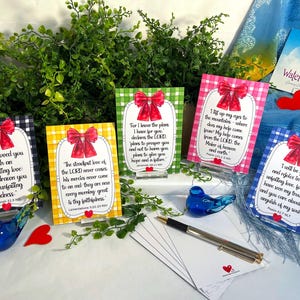 K&ouml;nnte beinhalten: F&uuml;nf rechteckige Karten mit Vichy-Karo-R&auml;ndern in Schwarz, Gelb, Gr&uuml;n, Pink und Blau, jede mit einer roten Schleifenillustration, einem wei&szlig;en Mittelfeld mit gedrucktem religi&ouml;sem Text und einem kleinen roten Herzsymbol unten.