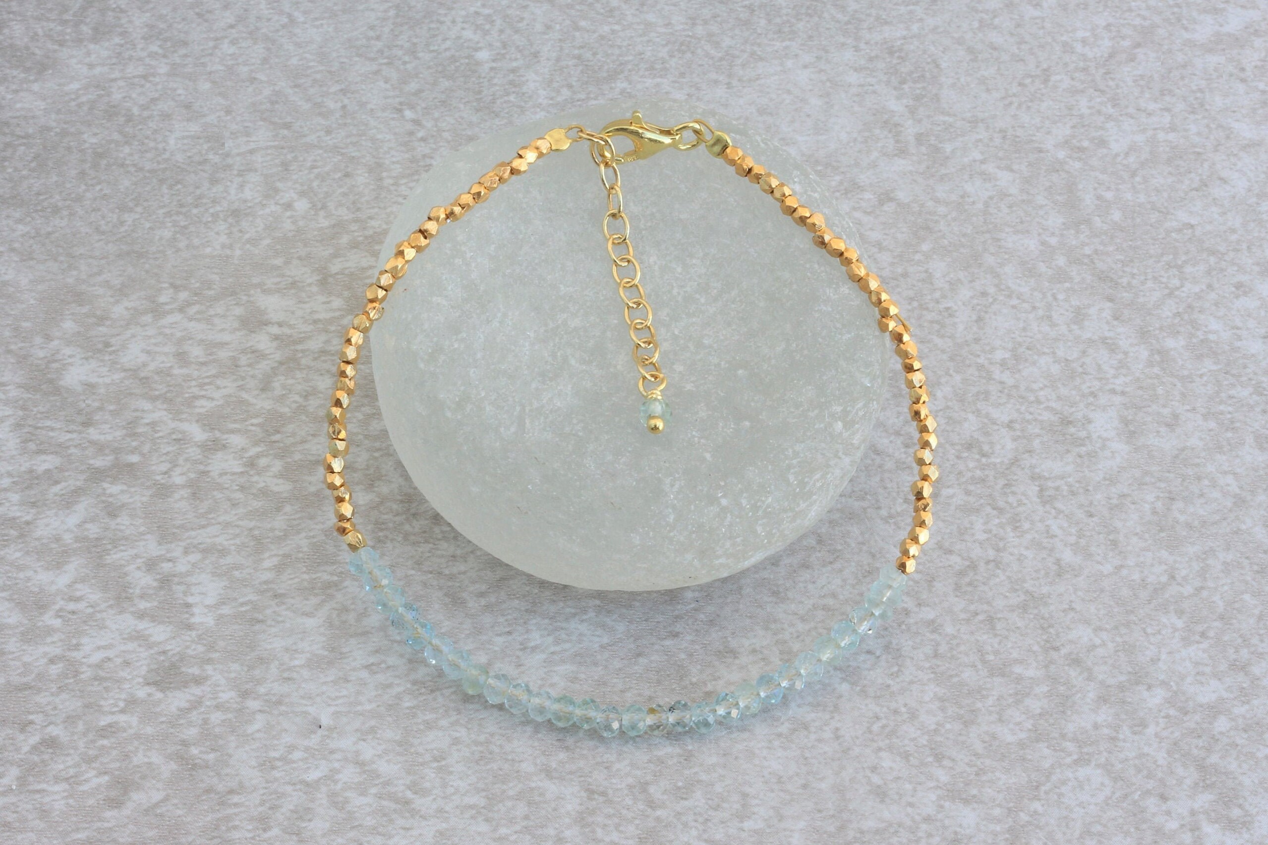 Dainty March Birthstone Aquamarine Gold Beaded Bracelet gift | Etsy