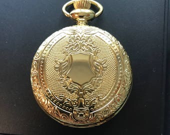 Shield, Golden Antique Custom Fashion Pill Box Medicine Tablet Holder for Pocket or Purse, Necklace included, Belt clip chain is extra.