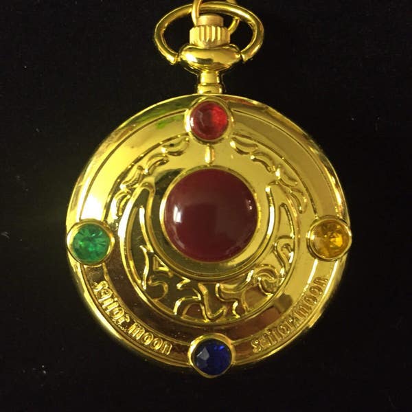 Sailor Moon design, gold plated Custom Pill Box Medicine Tablet Holder for Pocket or Purse, Necklace included, Belt clip chain is extra.
