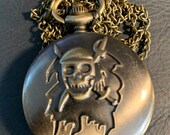Skull over crossed Swords Custom Fashion Pill Box Medicine Tablet Holder for Pocket or Purse, comes with necklace or belt clip chain